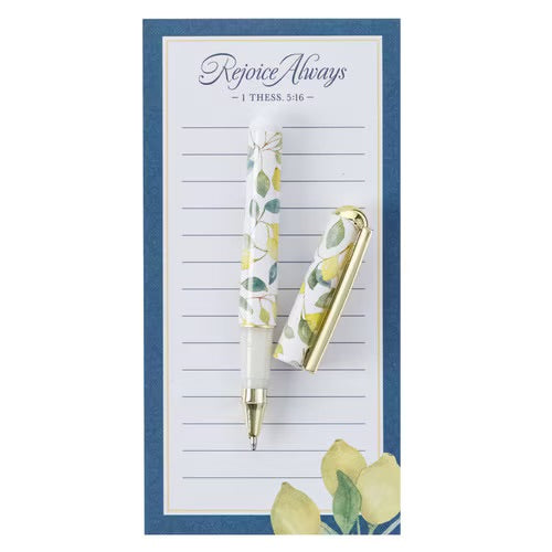 Rejoice Always Lemon Magnetic Notepad and Pen Set - 1 Thessalonians 5:16 by Christian Art Gifts